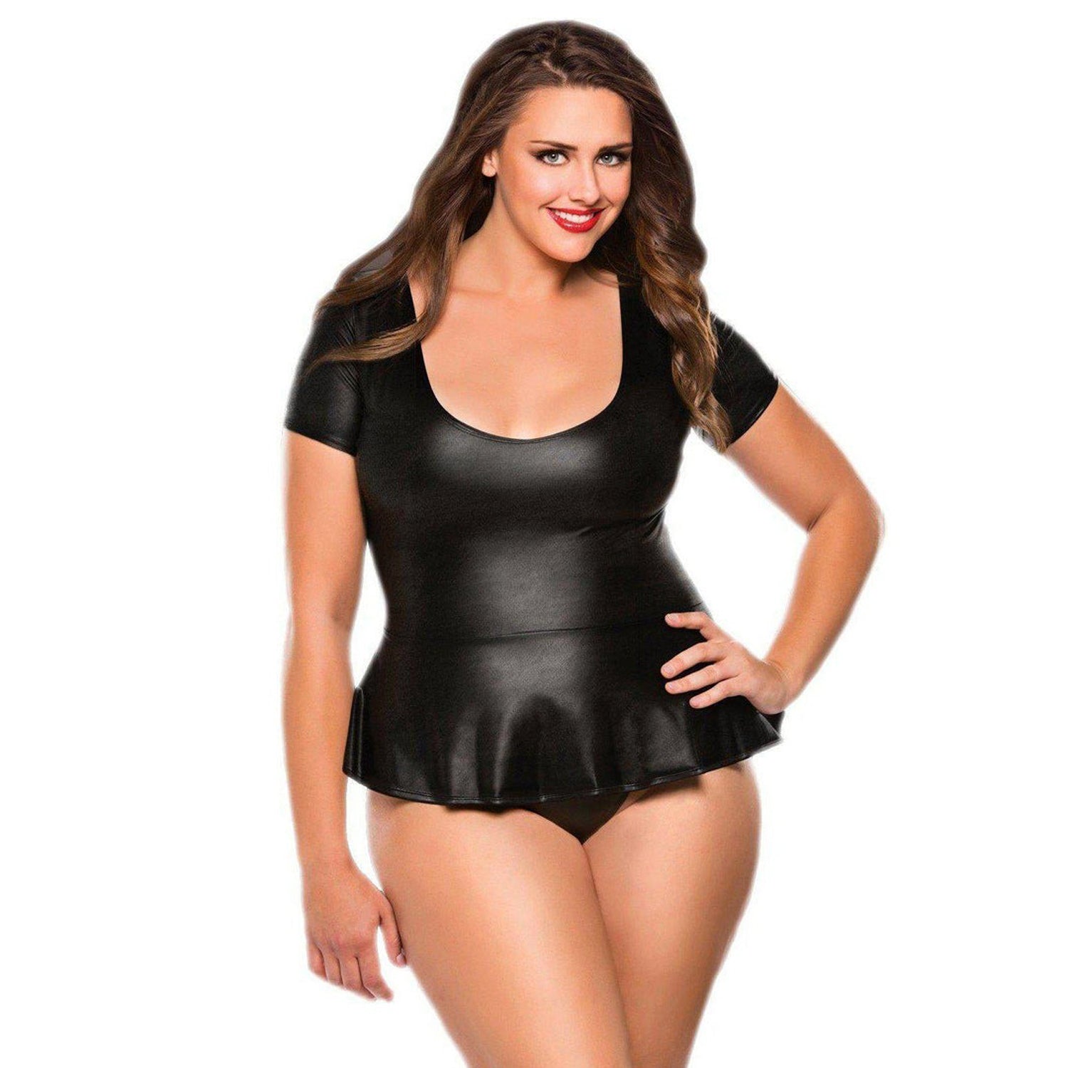 ALLURE PLUS PEPLUM TOP Y G-STRING BODY - NEGRO OSX