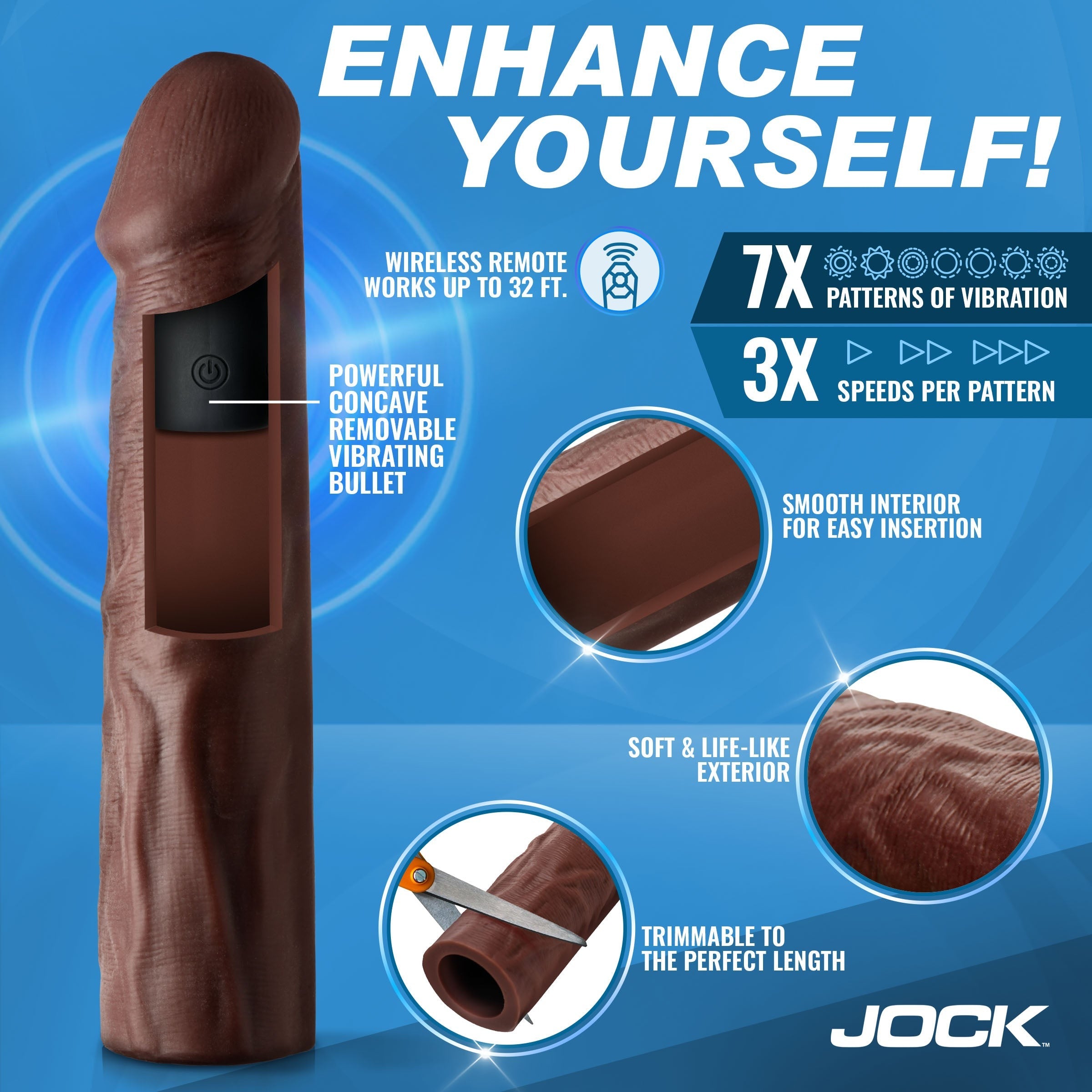 JOCK ENHANCERS VIBRATING REALISTIC PENIS EXTENSION 1.5” WITH REMOTE CONTROL - CAFÉ
