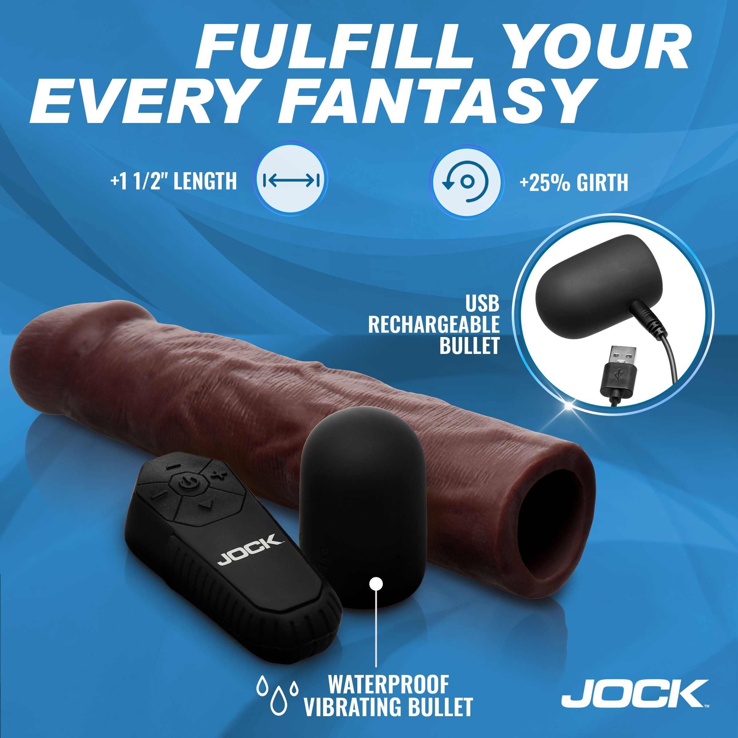 JOCK ENHANCERS VIBRATING REALISTIC PENIS EXTENSION 1.5” WITH REMOTE CONTROL - CAFÉ