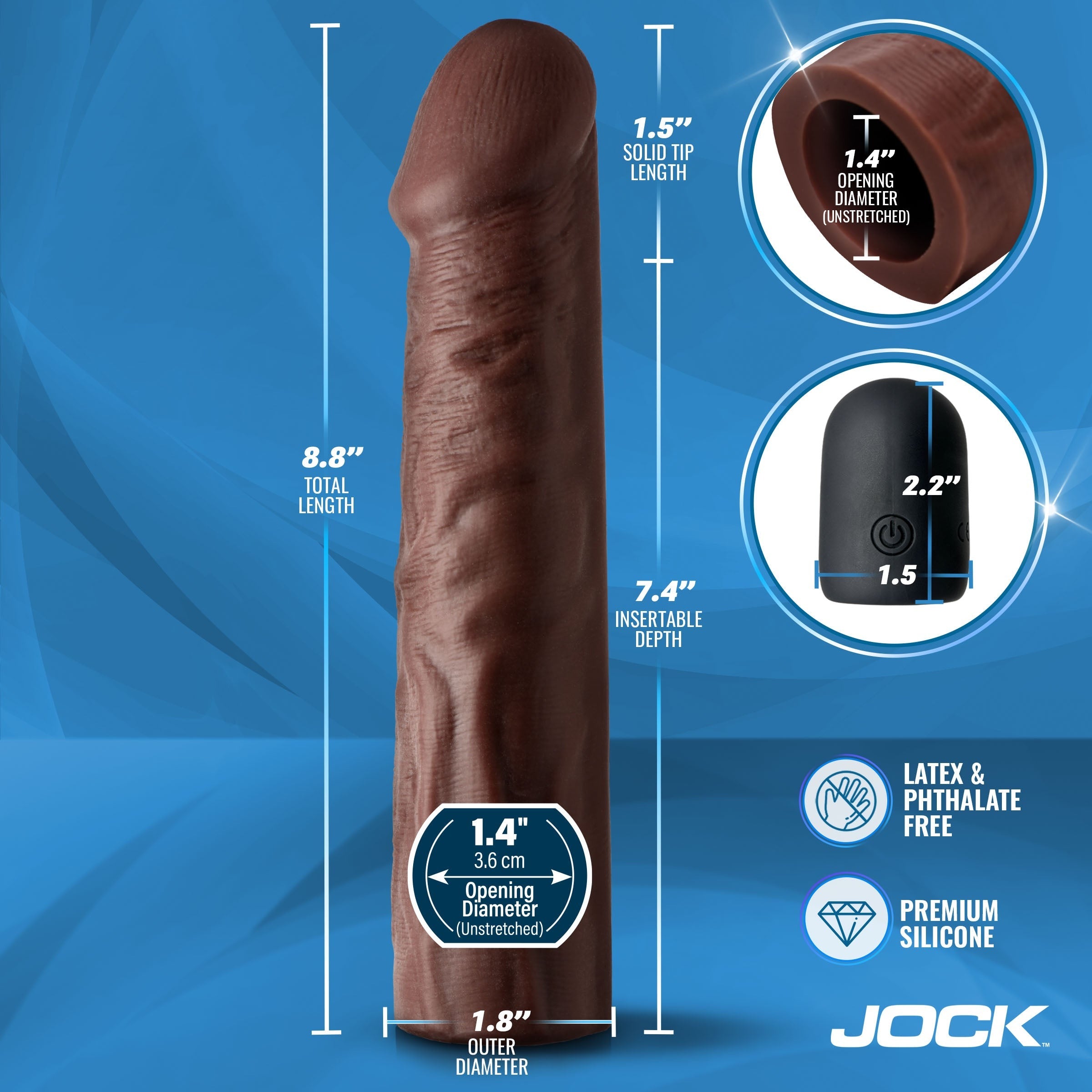 JOCK ENHANCERS VIBRATING REALISTIC PENIS EXTENSION 1.5” WITH REMOTE CONTROL - CAFÉ
