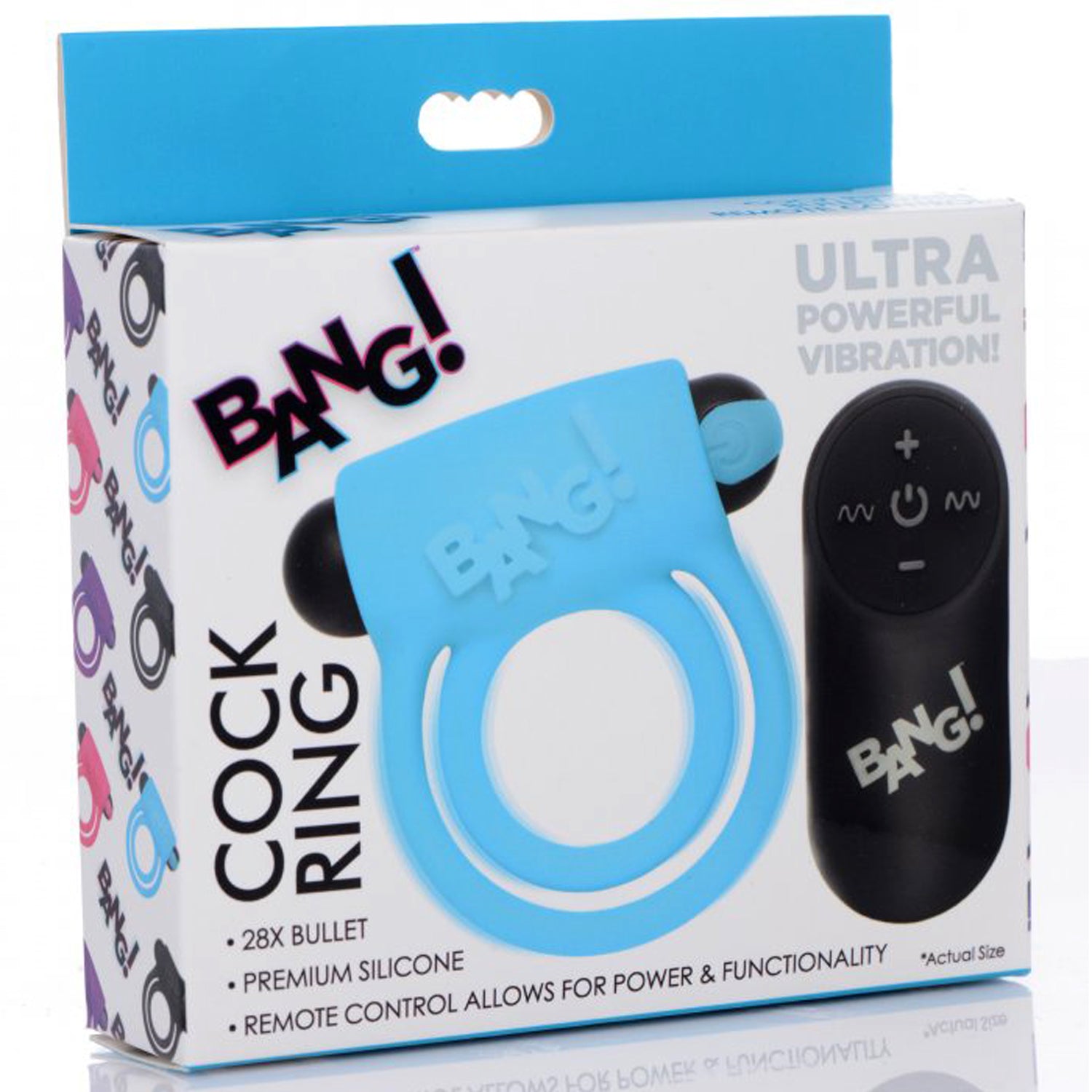 BANG! SILICONE COCKRING & BULLET W REMOTE - AZUL